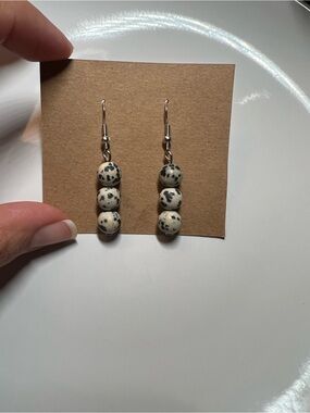 Speckled Dalmatian Jasper Bead Drop Earrings - Black & Cream